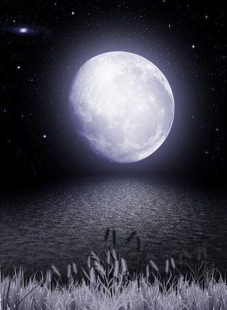 Full moon reflected in waterの写真素材