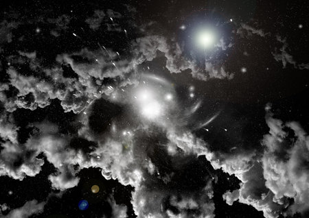 Stars of a planet and galaxy in a free space. 3D renderingの写真素材