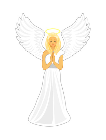Vector cartoon image of a female angel. Angel with big white wings and a golden halo over her head. Angel with eyes closed and hands folded in prayer.のイラスト素材