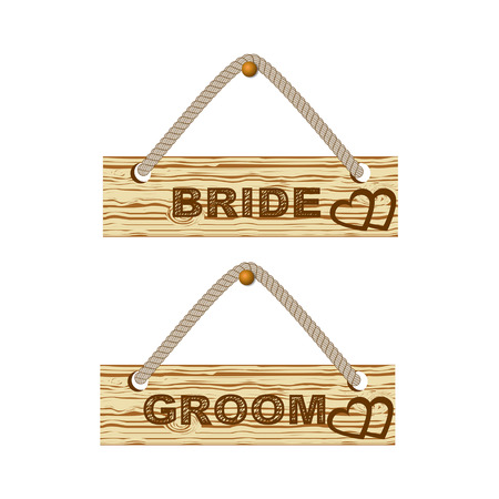 Bride and Groom wooden sign. Vector illustrationのイラスト素材