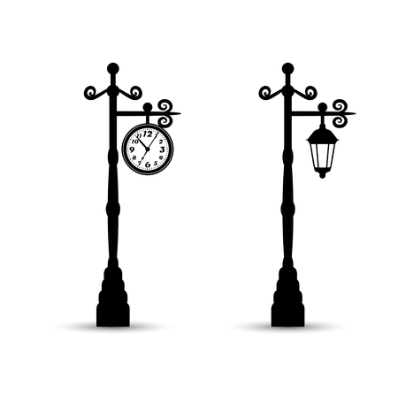 Flat streetlight and clock silhouettes. Lamppost and watch icons.のイラスト素材