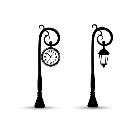 Flat streetlight and clock silhouettes. Lamppost and watch icons.のイラスト素材