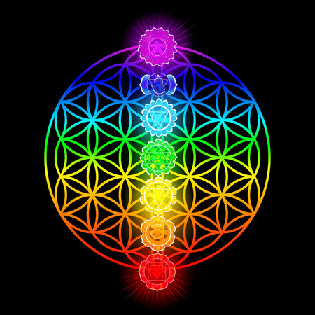 Seven chakras and flower of Life illustration