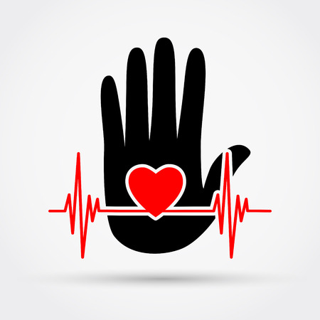 Pulse line and heart on the palm. Charity symbol. Vector illustration.のイラスト素材