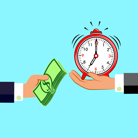 Hands with money and clock. Exchanging concept. Flat design style. Time management. Vector illustration.のイラスト素材