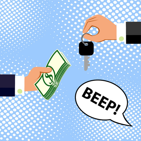 Hands with money and car keys. Exchanging concept. Flat design style. Vector illustration.のイラスト素材