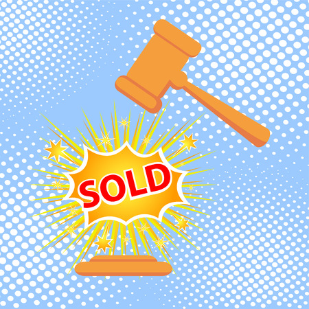 Gavel hits stand to stop sale. SOLD cartoon style vector illustration.のイラスト素材