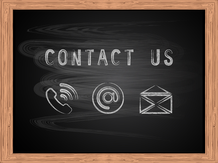 White chalk text contact us on school blackboard flat designのイラスト素材