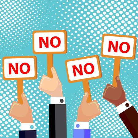 Cartoon vector illustration of  hands holding plate with word NO!