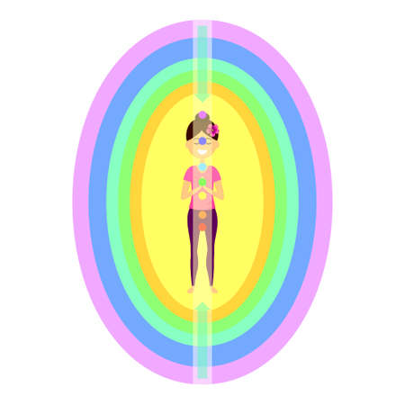 Aura bodies and energy flows. Vector illustration of beautiful woman character standing in yoga pose.のイラスト素材