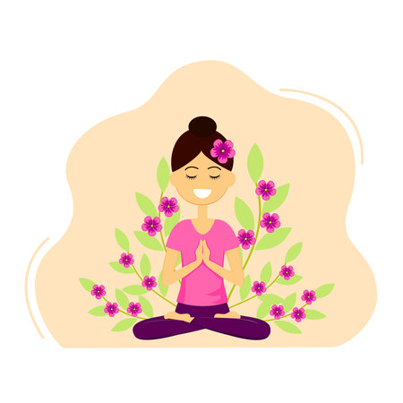 Vector illustration of beautiful woman character doing yoga. Young lady with welcome gesture of hands. Namaste mudra.のイラスト素材