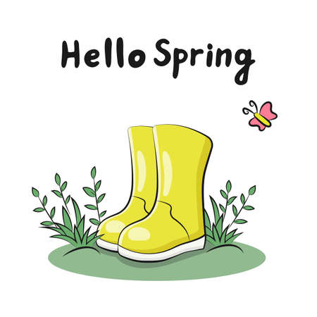 Hello spring. Spring card with handwriting text, rubber boots, butterfly, and leaves. Vector illustrationのイラスト素材