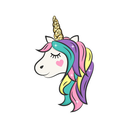 Cute unicorn head isolated on white background. Print for t-shirt. Vector illustrationのイラスト素材