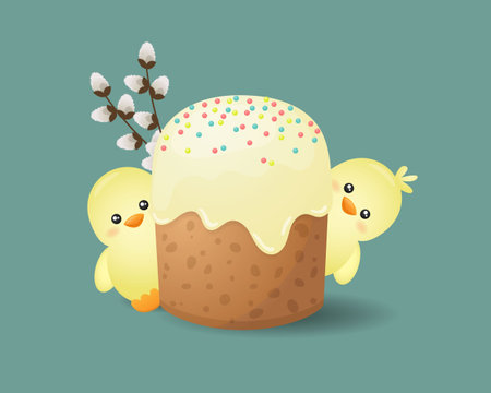 Easter cake, willow branches, and little chicks. Easter greeting card. Vector illustration