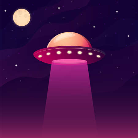 Alien spaceship. UFO flying with lights at night. World UFO day. Vector illustrationのイラスト素材