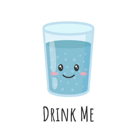 Cute cartoon glass of drinking water isolated on white background. Drink me sign. Vector illustrationのイラスト素材