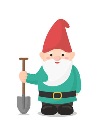Cute garden gnome with a shovel isolated on white background. Vector illustration.のイラスト素材
