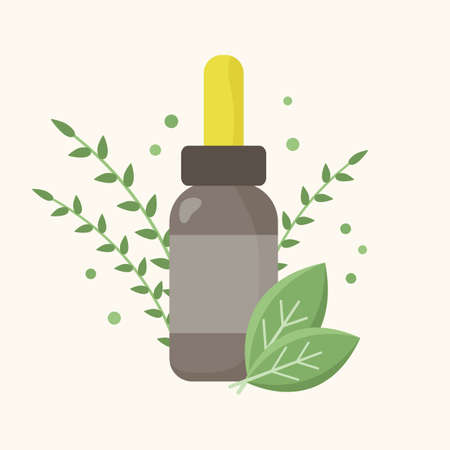 Dropper bottle with healing herbs. Vector illustrationのイラスト素材