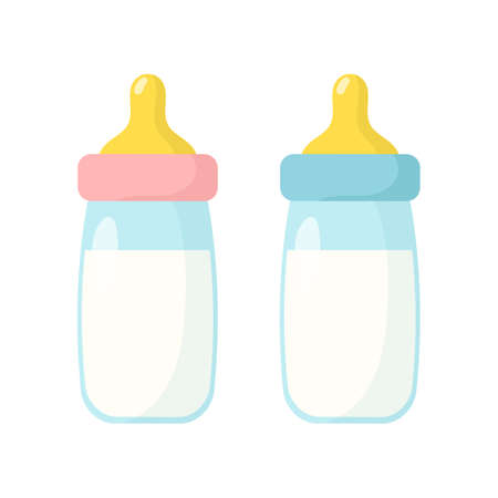 Pink and blue baby bottles isolated on white background. Vector illustrationのイラスト素材