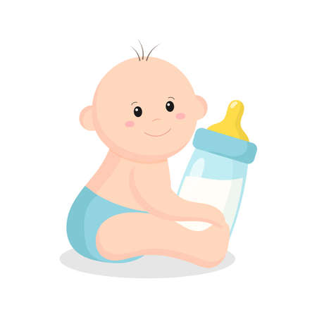 Cute baby boy with baby bottle isolated on white background. Vector illustrationのイラスト素材