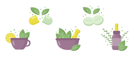 Set of illustrations for the use of medicinal herbs. Alternative medicineのイラスト素材