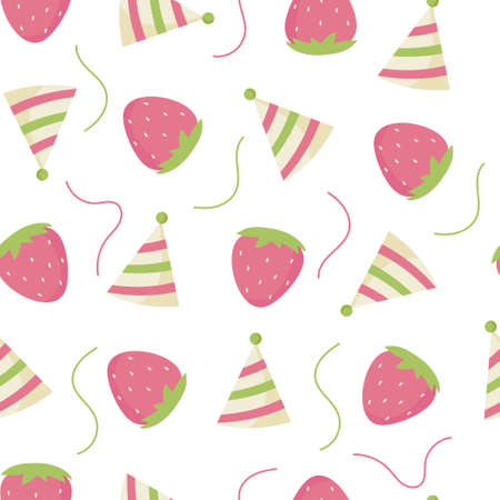 Seamless pattern with strawberry and birthday hat. Vector illustrationのイラスト素材