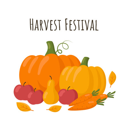 Fresh garden produce and harvested fruits and vegetables. Harvest festival. Vector illustrationのイラスト素材