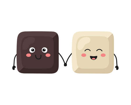 Cute cartoon white and dark chocolate pieces character isolated on white background. Vector illustrationのイラスト素材