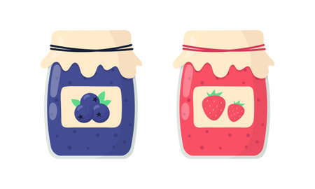 Homemade blueberry and strawberry jam isolated on white background. Vector illustration