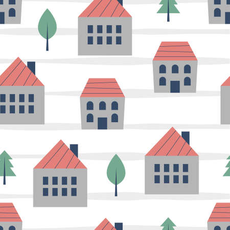 Seamless pattern with houses and trees. Vector illustrationのイラスト素材