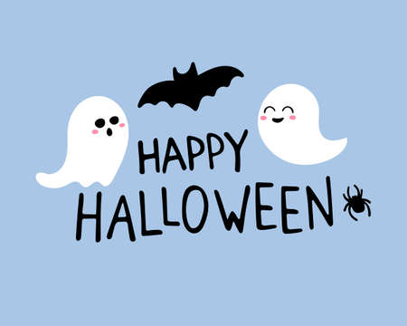 Happy Halloween hand-drawn text with the bat, ghost, and spider on blue background. Vector illustrationのイラスト素材