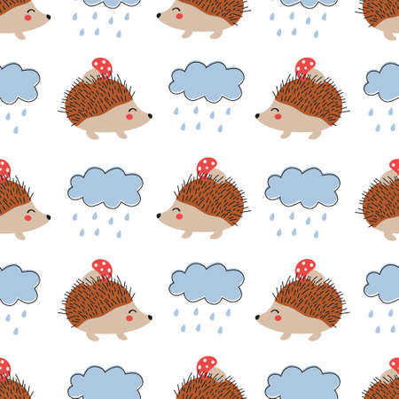 Seamless pattern with hedgehog and clouds. Vector illustrationのイラスト素材