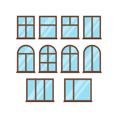 Windows set with brown frames on white background. Vector illustrationのイラスト素材