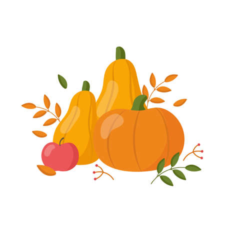 Autumn still life with pumpkins, apples, and leaves isolated on white background. Vector illustrationのイラスト素材