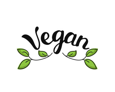 Vegan. Hand-drawn lettering with leaves isolated on white background. Vector illustrationのイラスト素材