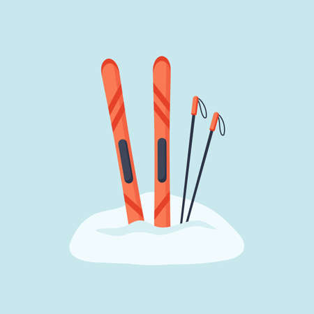 Skis and ski poles standing in the snow. Vector illustrationのイラスト素材