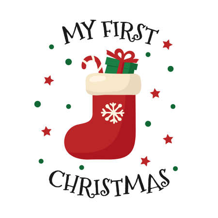 My first Christmas. Christmas sock. Vector illustrationのイラスト素材
