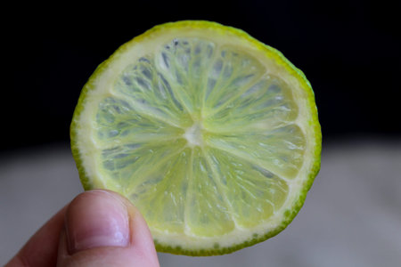 Female hand holding a slice of ripe lemonの写真素材