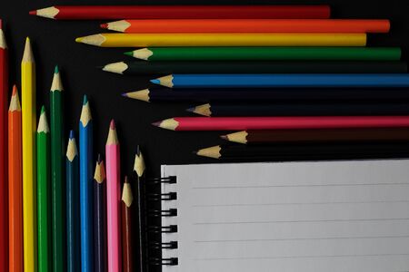 School education background with blank exercise book with copy space. Top view. Back to school concept.の写真素材