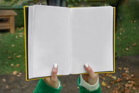 Hands holding an open book with blank pages - a place to insert your text. Young woman reads a bookの写真素材