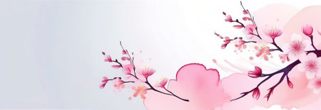 Spring banner, branches of blossoming cherry against white background. Pink sakura flowers, dreamy romantic image spring, landscape panorama, copy space. Greeting card templateの素材