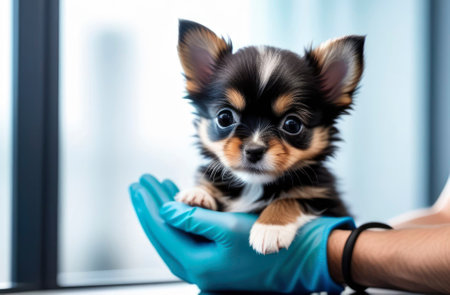 A small puppy in the hands of a veterinarian. Caring for animals.の素材