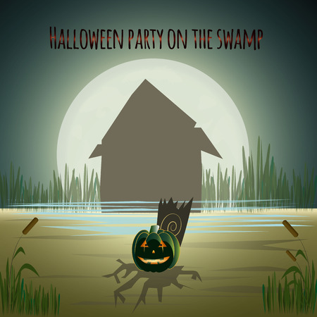 Halloween Background with house, moon and pumpkin. Happy halloween greeting card. Vector illustration.のイラスト素材
