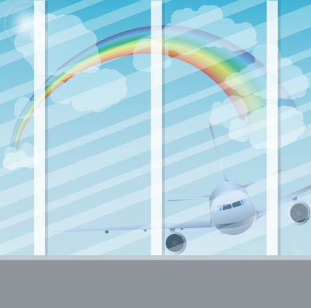 Plane in the sky with clouds sun and a rainbow outside the airportのイラスト素材