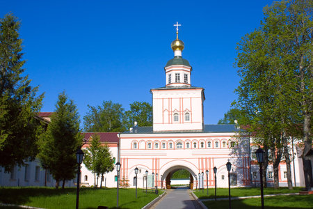 View of church and entrance to Iversky Monastery, Russia.
