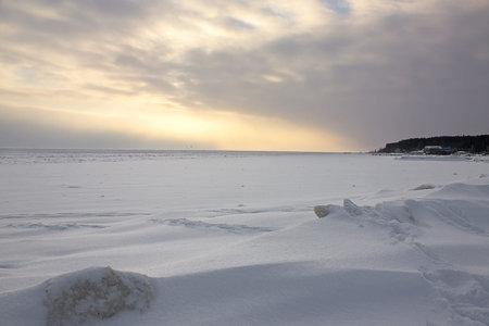 Landscape with  snow space and sunset in  winter, Russia.