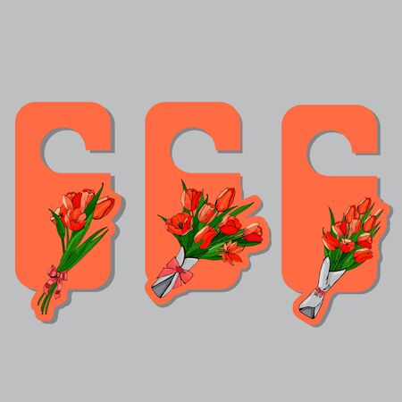 Tags with hand drawn  colored sketch of bouquets spring red tulips on orange background. Vector illustration.のイラスト素材