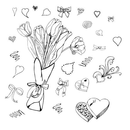 A bouquet of tulips and hearts. Set of design elemens for happy Valentine's day. Grapic doodle and sketch objects isolated on white background.のイラスト素材