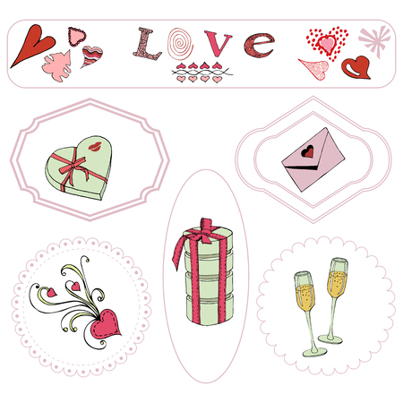 Valentine's Day theme elements. Hand drawn and colored objects in frames. isolated on white background.Vector illustrationのイラスト素材