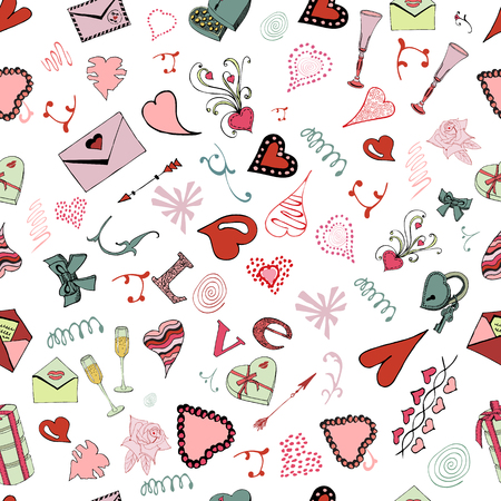 Seamless pattern of Valentine's Day theme doodle elements. Hand drawn and colored love symbols and hearts on white background.Vector illustrationのイラスト素材